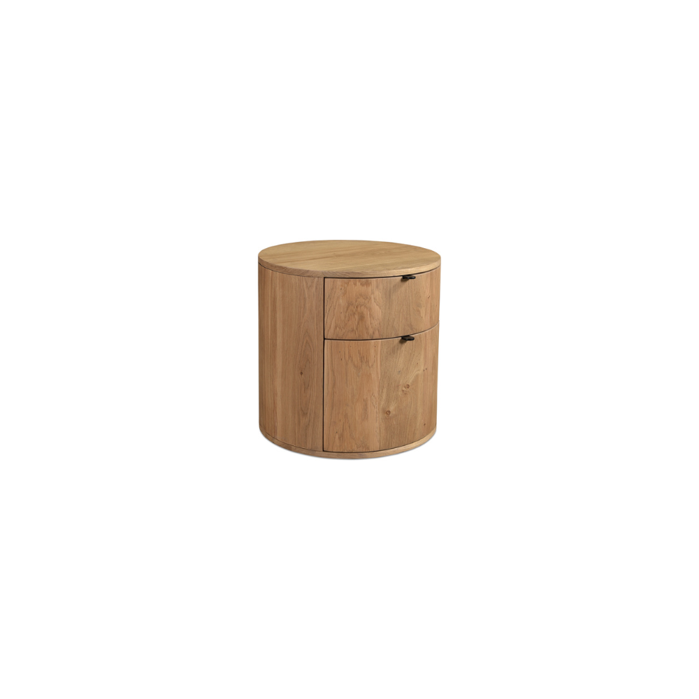 Solid oak Theo nightstand with soft-close drawers and a curved design.