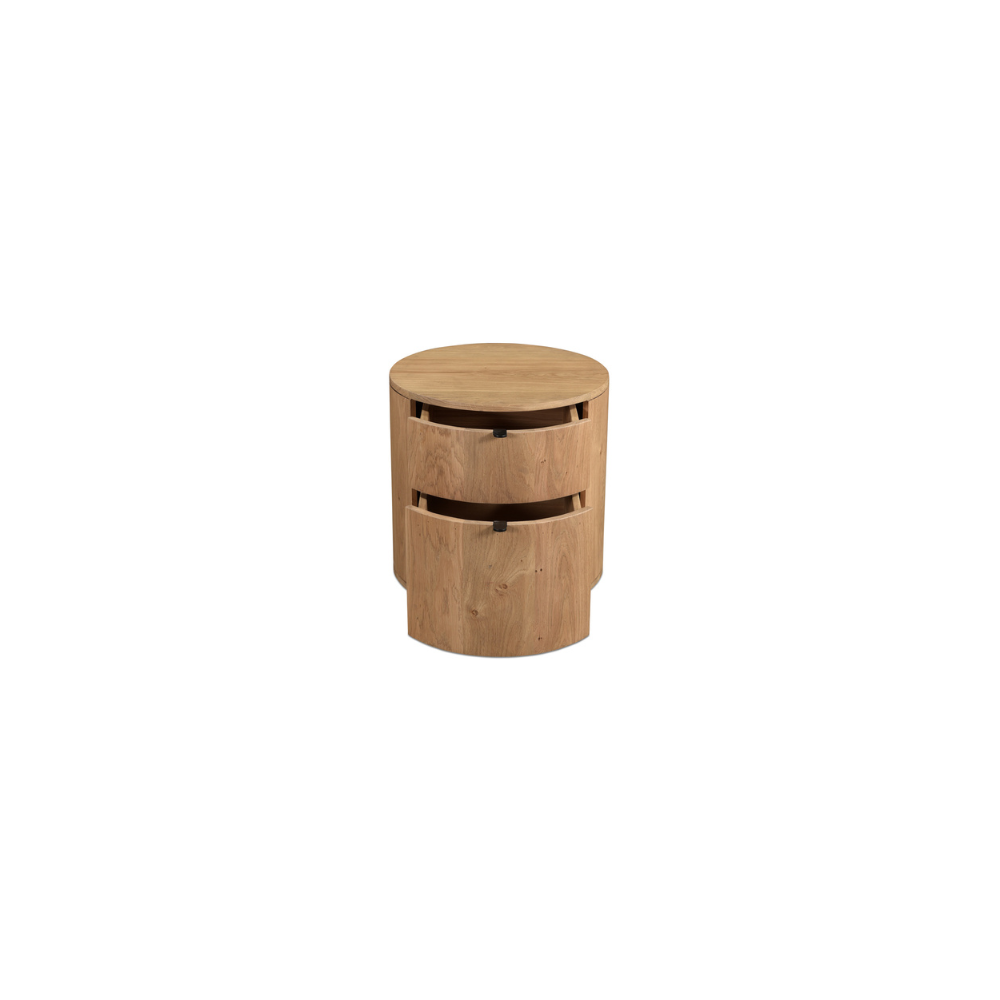 Theo nightstand with both drawers open, showing the soft-close drawer glides.