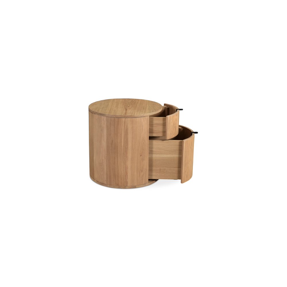 Theo nightstand with a rounded, minimalist silhouette and solid oak build.