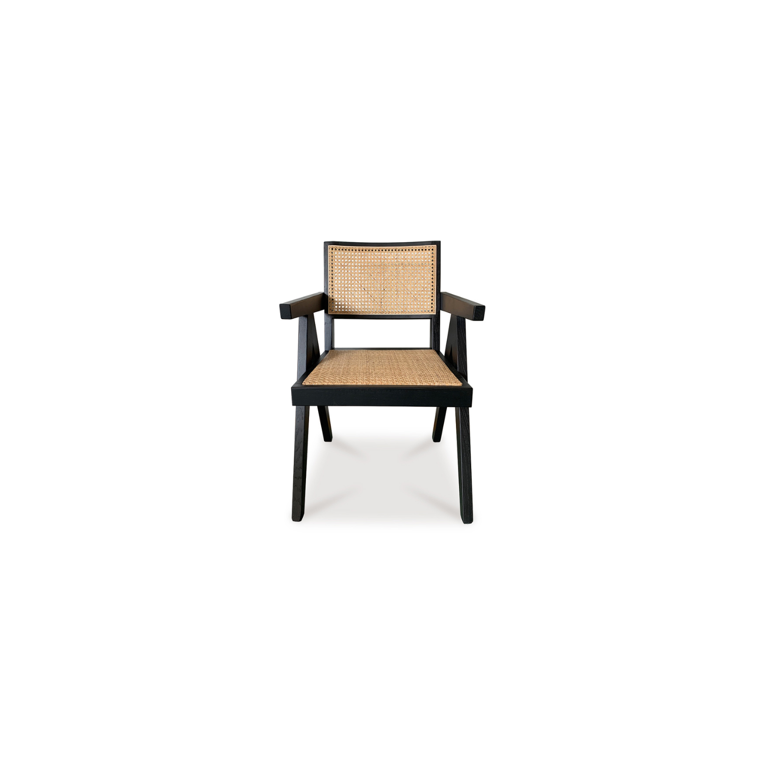 Takashi chair in Dark brown wood with natural rattan seat and backrest and minimalist mid-century design.