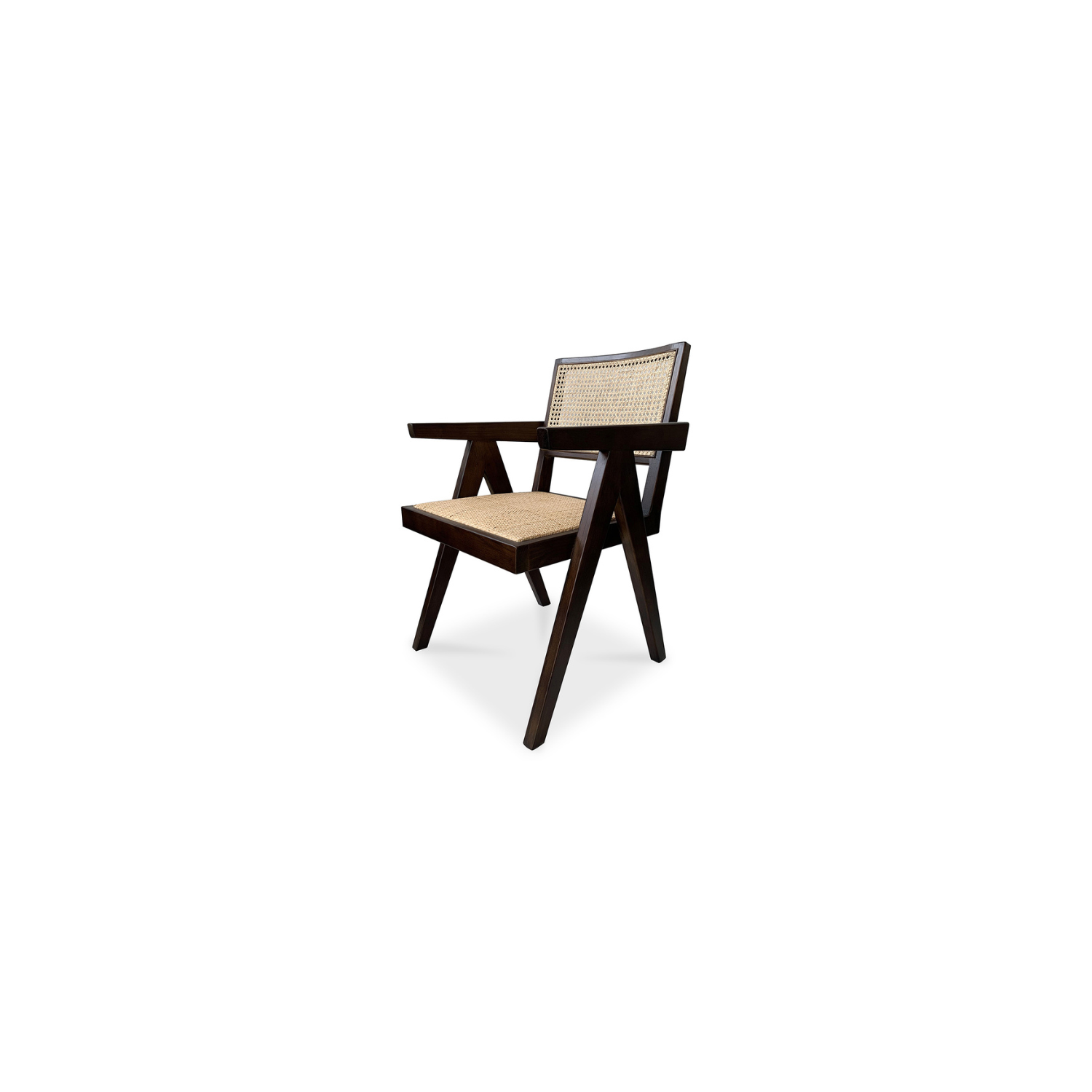 Takashi chair in brown elm wood, with rattan seat and angled legs.