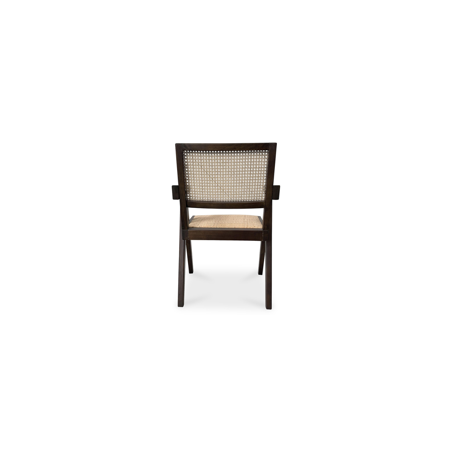 Takashi chair in brown elm wood, with woven rattan backrest.