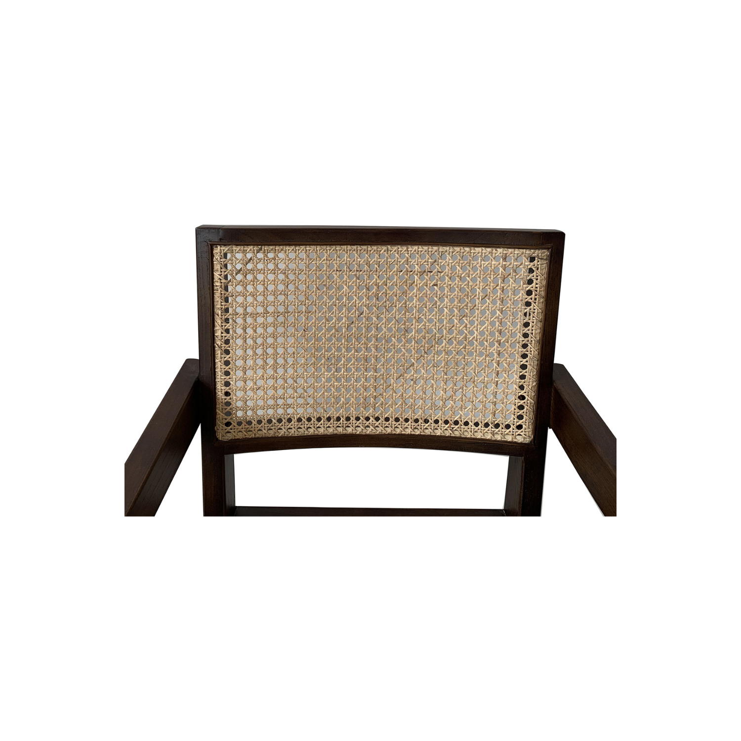 Brown Takashi chair with a rattan backrest and seat, featuring a minimalist wooden frame.