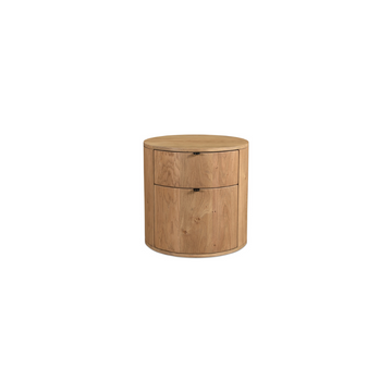 Two-drawer Theo nightstand in oak with a minimalist design and soft-close drawers.