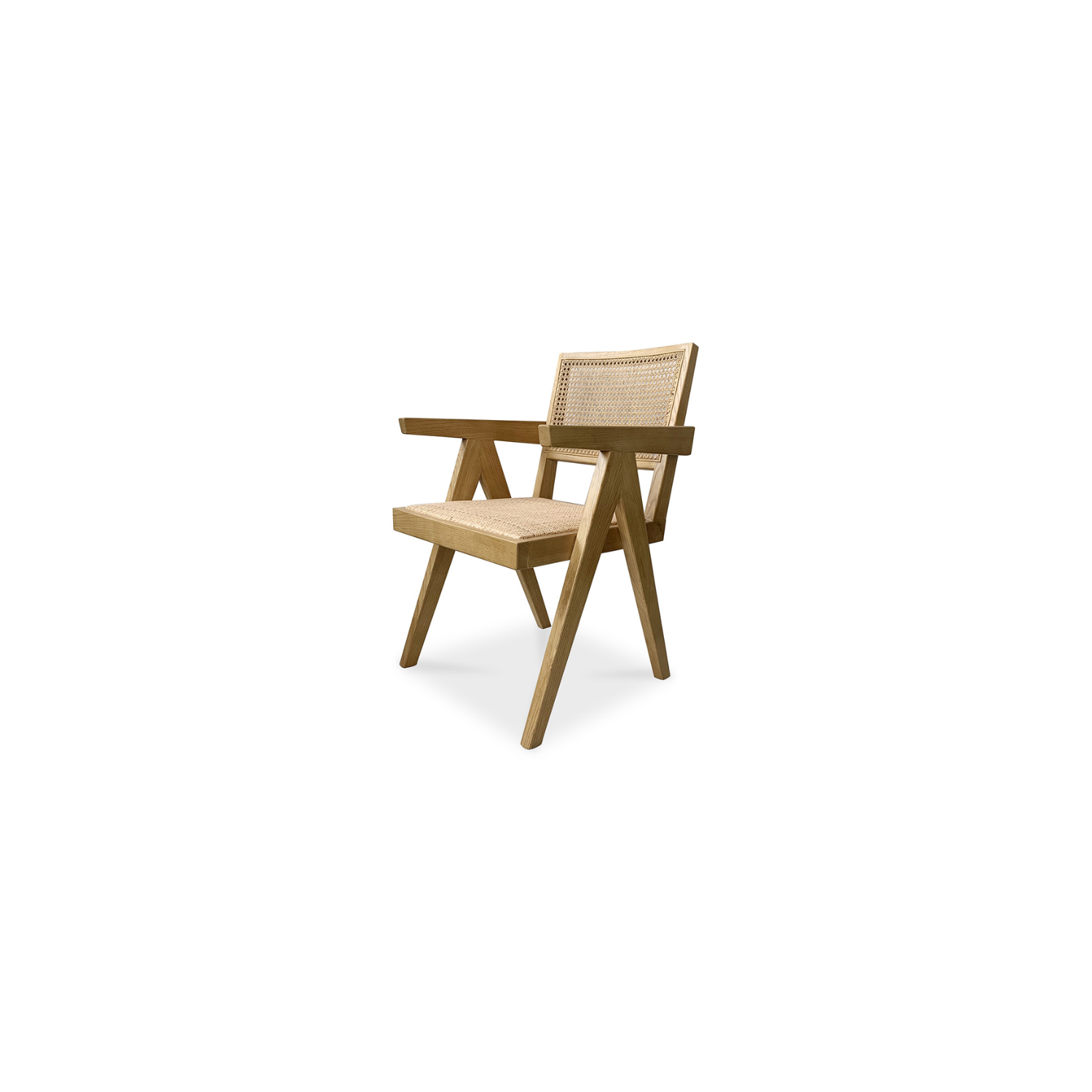 Takashi chair in natural elm wood, with rattan seat and angled legs.