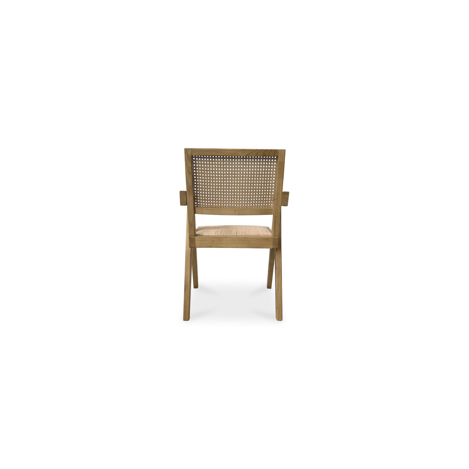 Takashi chair in natural elm wood, with woven rattan backrest.