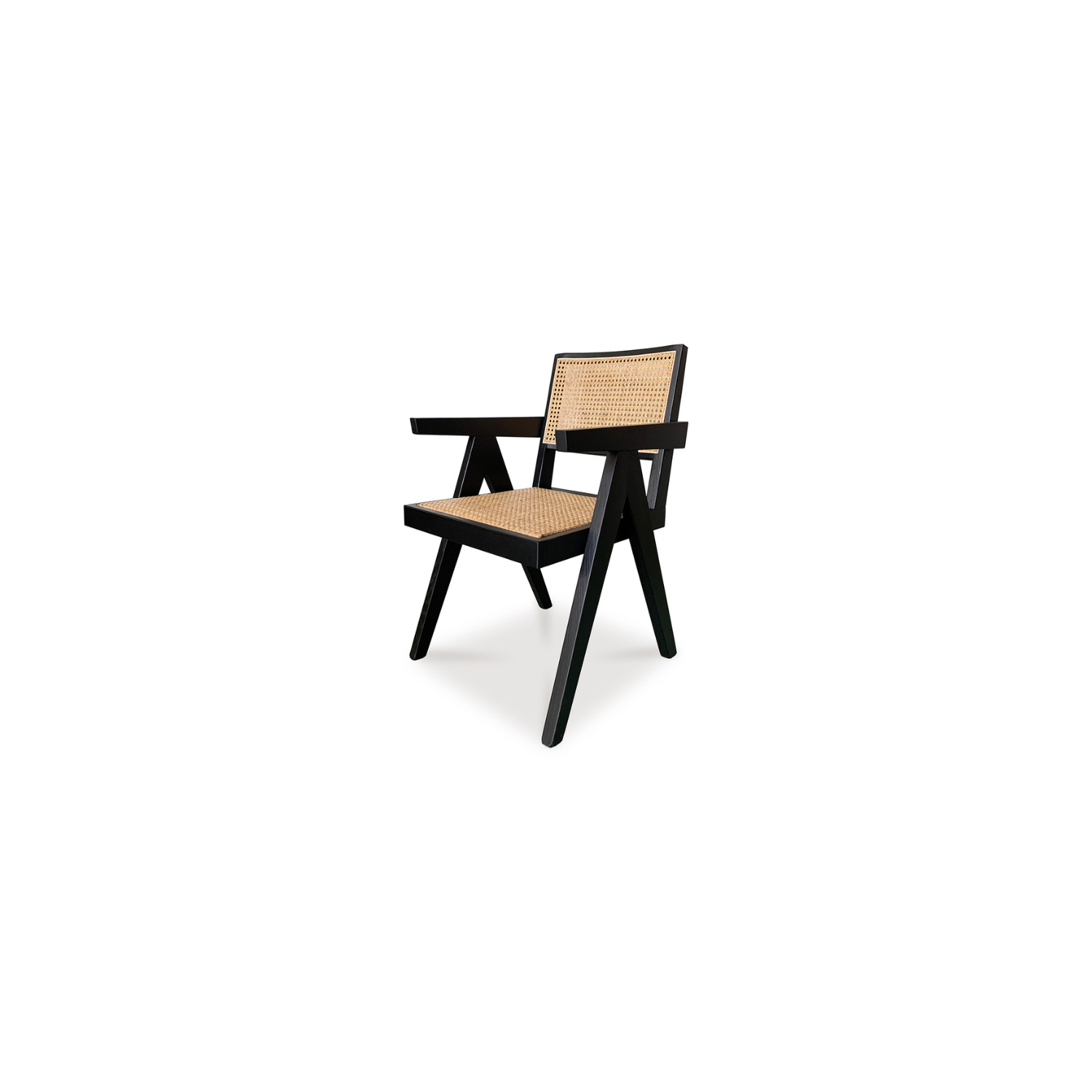 Takashi chair in black elm wood, with rattan seat and angled legs. 