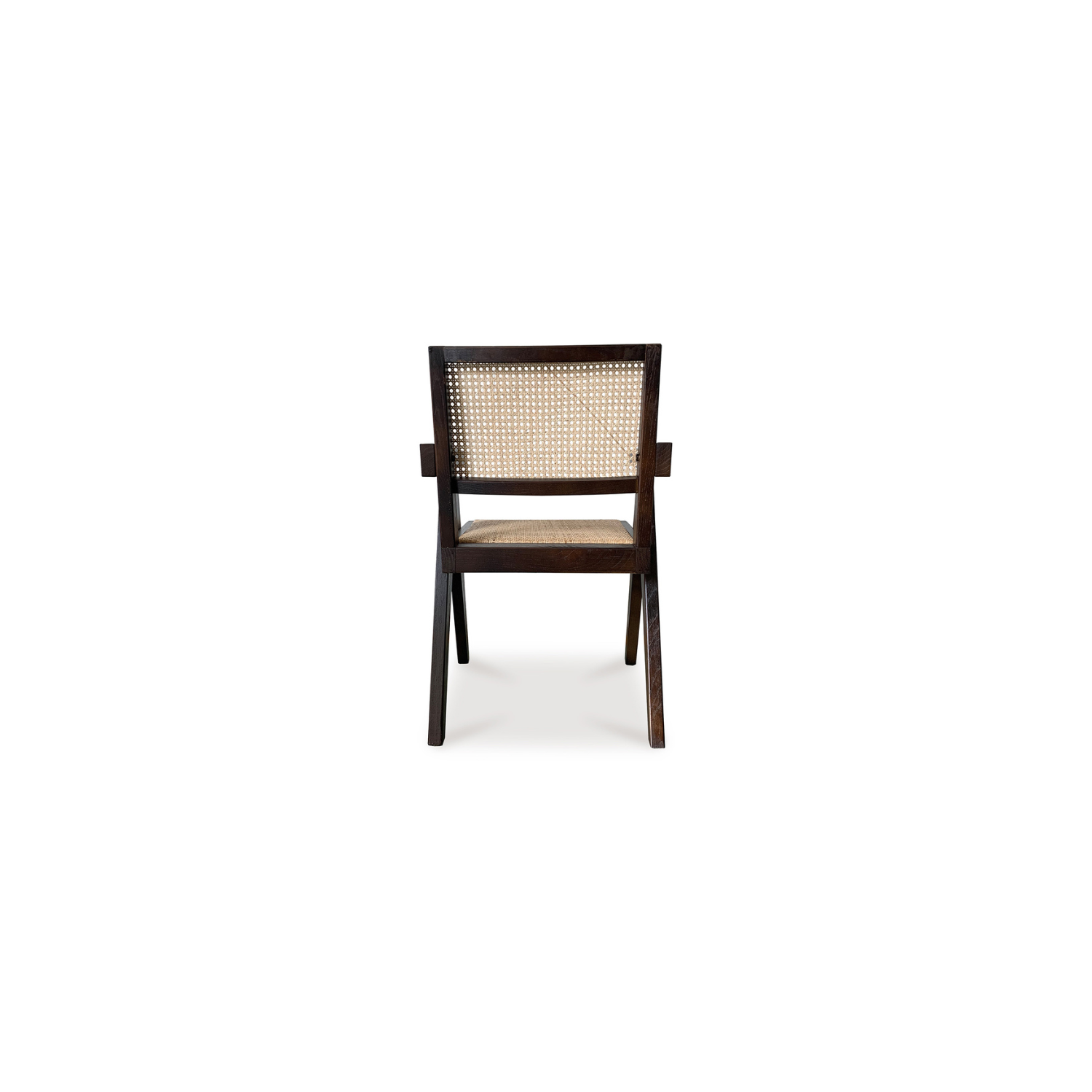 Takashi chair in black elm wood, with woven rattan backrest.